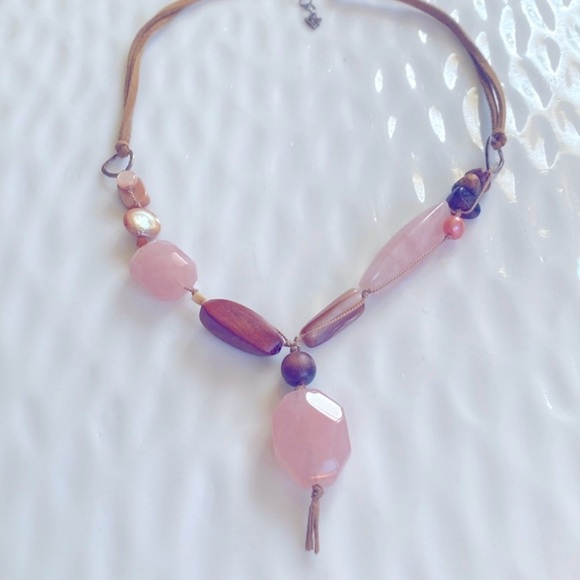 Silpada Pink Rose Quartz Beaded Necklace on Leather cord. N1429 18”-20” inches - Picture 2 of 7